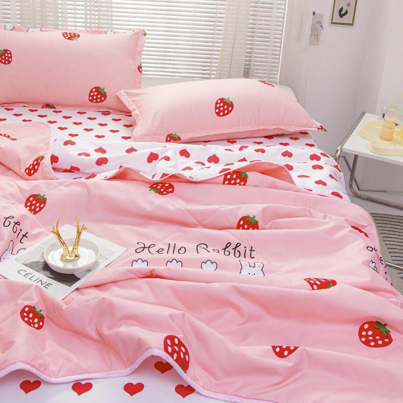 韩式ins少女心粉色草莓可机洗薄空调被四件套夏凉被夏季单人被子,床上用品,化纤被,淘宝优惠券,粉丝福利购,淘宝优惠卷