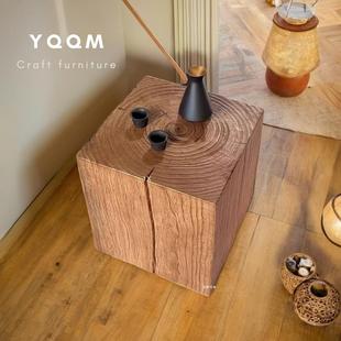 北欧方形复古原木做旧抓痕民宿酒店客厅茶几玄关花架木墩摆件木桩