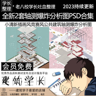 全新2套爆炸分析图PSD合集  小清新扁平风插画风竞赛风公共建筑