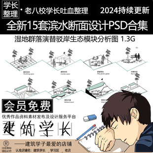 全新15套滨水断面设计PSD合集 湿地群落演替景观驳岸生态模块分析