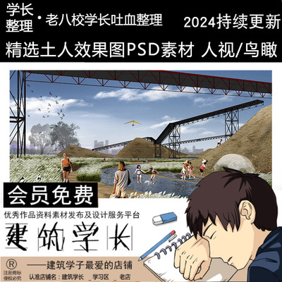 土人风人视鸟瞰效果图PSD分层植物人物素材菜田铁路茶室工厂湖