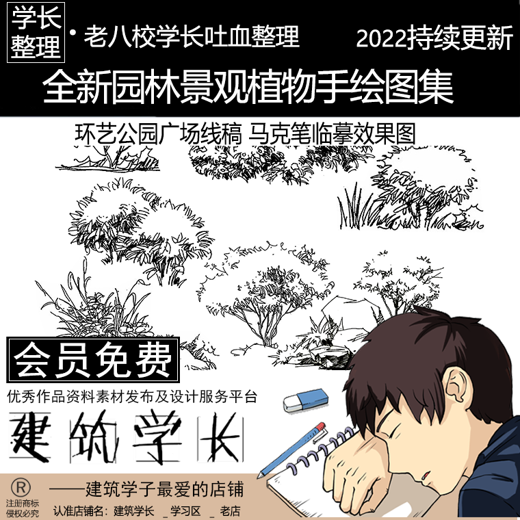 全新景观植物手绘图集 园林设计公园广场线稿马克笔临摹效果图