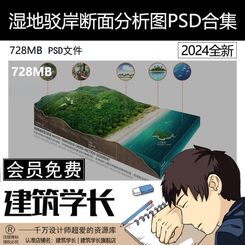湿地驳岸断面分析图PS素材河道模块分析图PSD分层源文件建筑学长