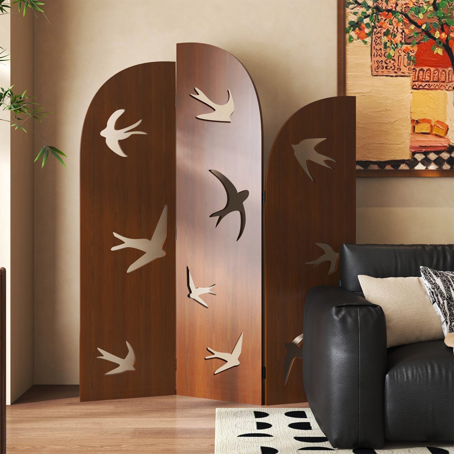 折叠千鸟刀片屏风复古燕子折屏客厅家用法式入户隔断艺术中古屏风