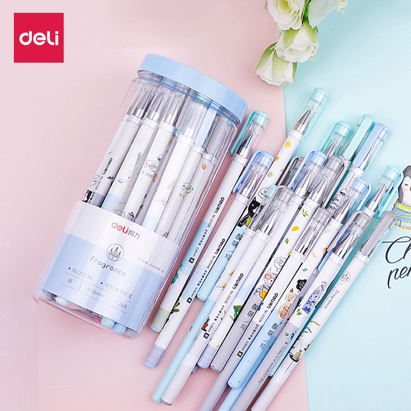 得力文具中性笔学生用黑色拔帽式小清新可爱卡通签字笔水性碳素笔0.35MM全针管水笔包邮桶装24支书写工具