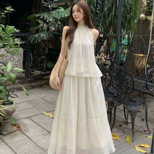 Iris Lumina书杳仙雾漫漫无袖套装夏挂脖上衣半裙气质两件套