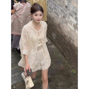 新中式气质套装夏季时尚休闲重工刺绣盘扣短袖上衣高腰短裤两件套