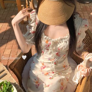 白塔玫瑰连衣裙女温柔仙女风夏秋花边韩系chic别致穿搭氛围感长裙