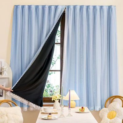 网红免打孔魔术贴成品窗帘出租屋自粘遮光布工厂宿舍卧室飘窗纱帘