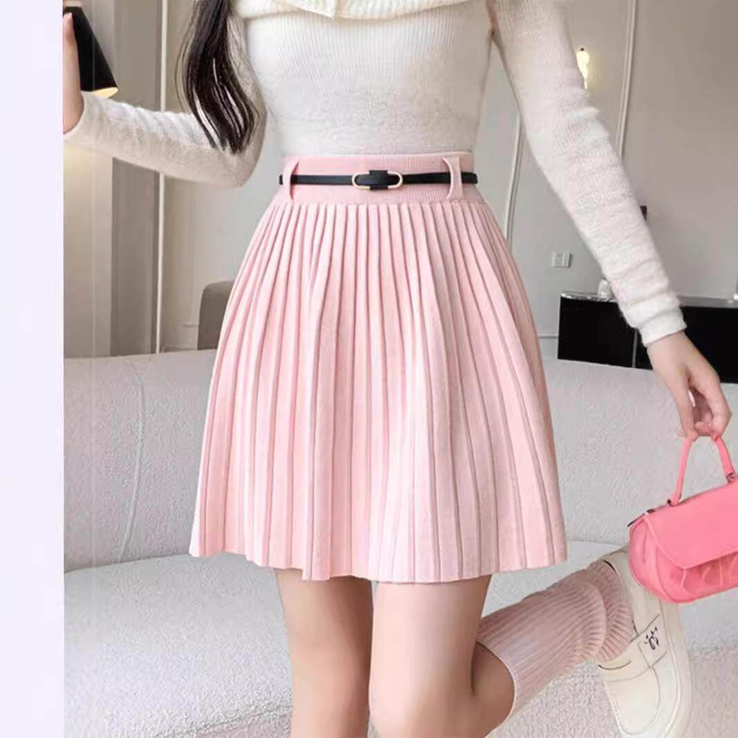 百褶裙女赠腰带2025新款春秋高腰a字短款显松紧腰半身裙针织定制