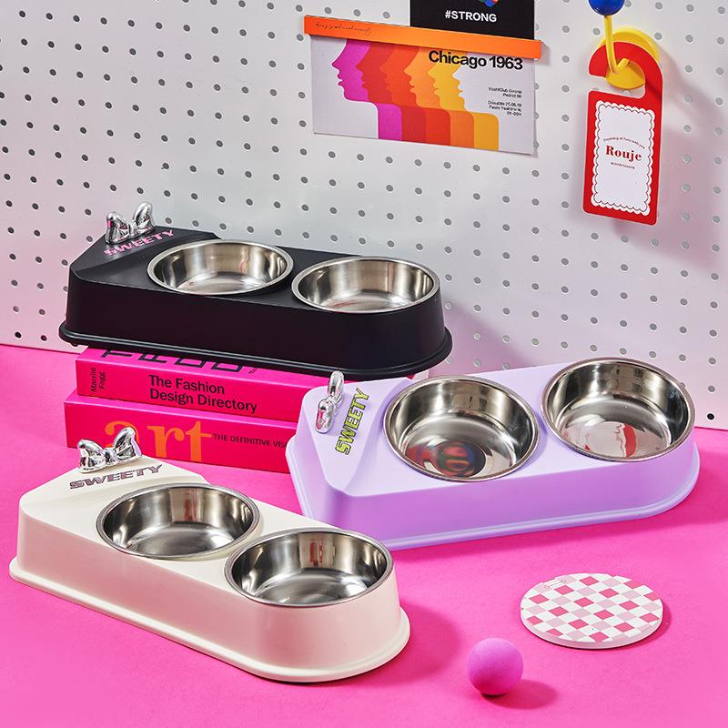 宠物不锈钢双碗猫碗狗碗防滑防打翻宠物碗蝴蝶猫食盆狗狗食具定制