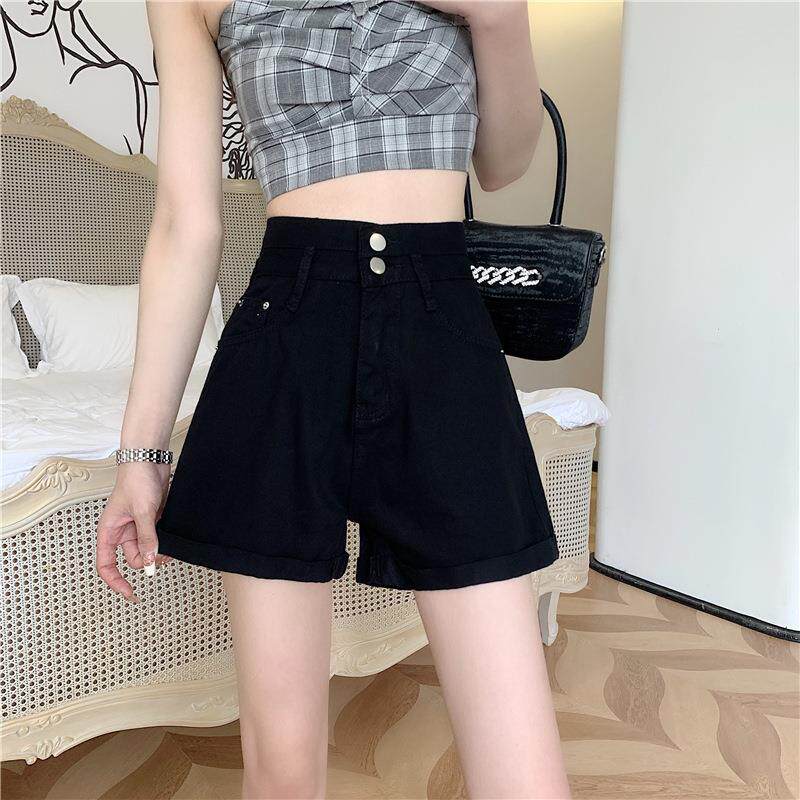 卷边牛仔短裤女夏季新款韩版高腰宽松显双扣a字直简阔腿热裤外定