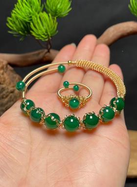 送妈妈闺蜜款 翠绿剔透绿玛瑙手镯 绿玉髓14k手工编织手镯女 开口