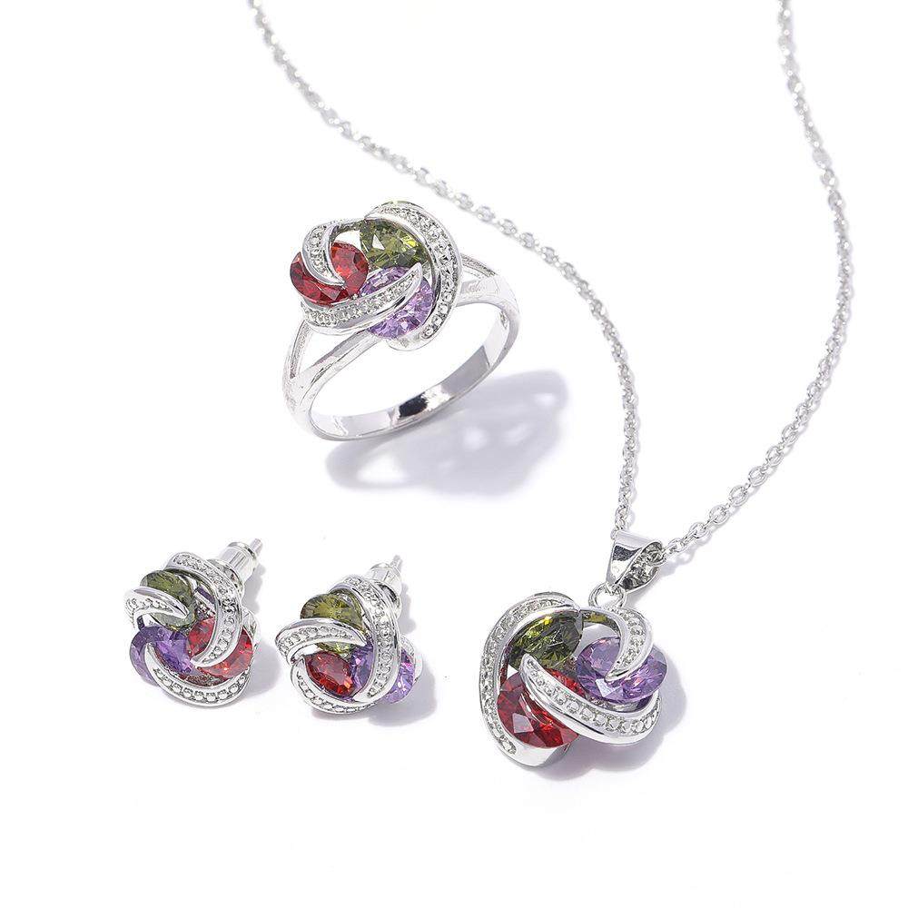 玫瑰花aaa彩色锆石首饰套装韩版高级感项链耳环戒指三件套