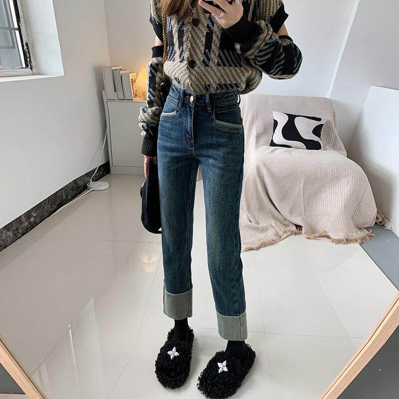 卷边烟管牛仔裤女春款高腰弹力拼接翻边休闲九分小个子直筒裤定制