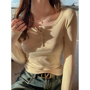 螺纹纽扣长袖打底衫女士内搭设计感正肩t恤高级感可外穿秋冬上衣