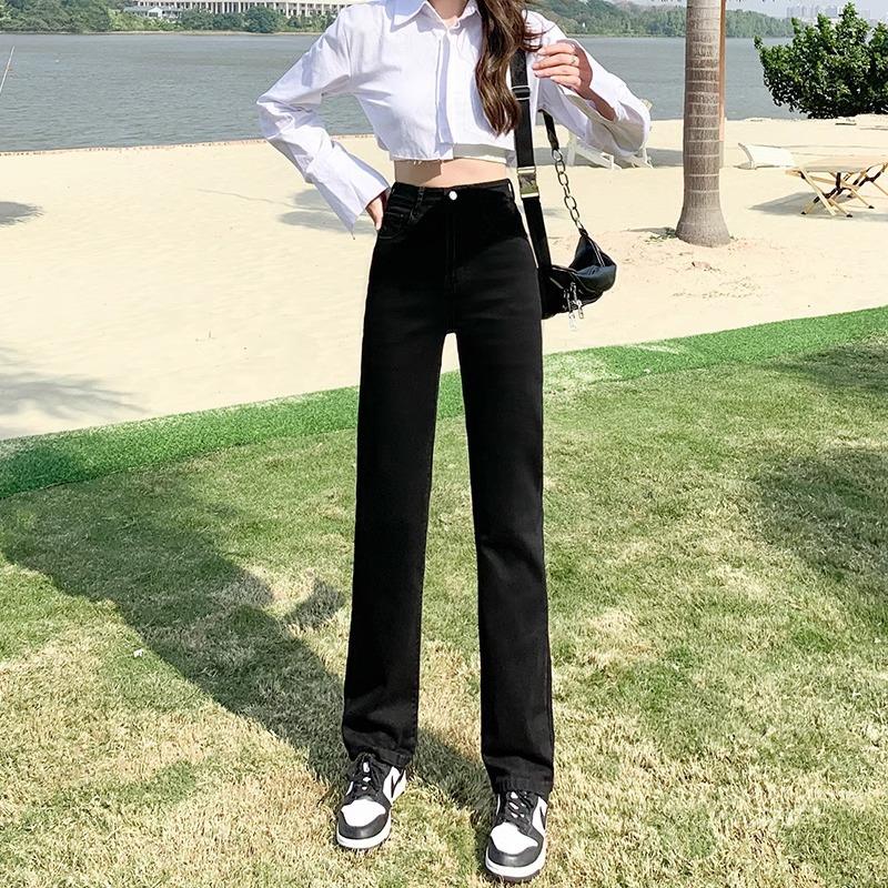 黑色直筒牛仔裤女春秋季2025年新款高腰显宽松窄版拖地阔腿裤子定