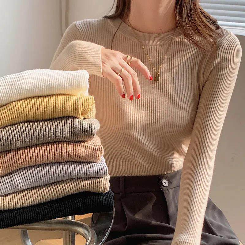 针织衫女新款2025年爆款打底衫春秋内搭薄款上衣圆领白色秋冬毛衣