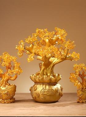 黄发财树摇钱树福钱袋树脂摆件 柜台桌面发财树工艺摆件定制