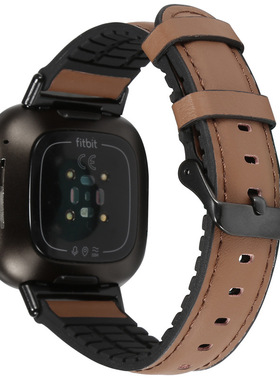 适用Fitbit Versa 3/Sense硅胶贴皮真皮表带 Sense皮革替换腕带