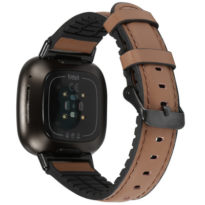 适用Fitbit Versa 3/Sense硅胶贴皮真皮表带 Sense皮革替换腕带
