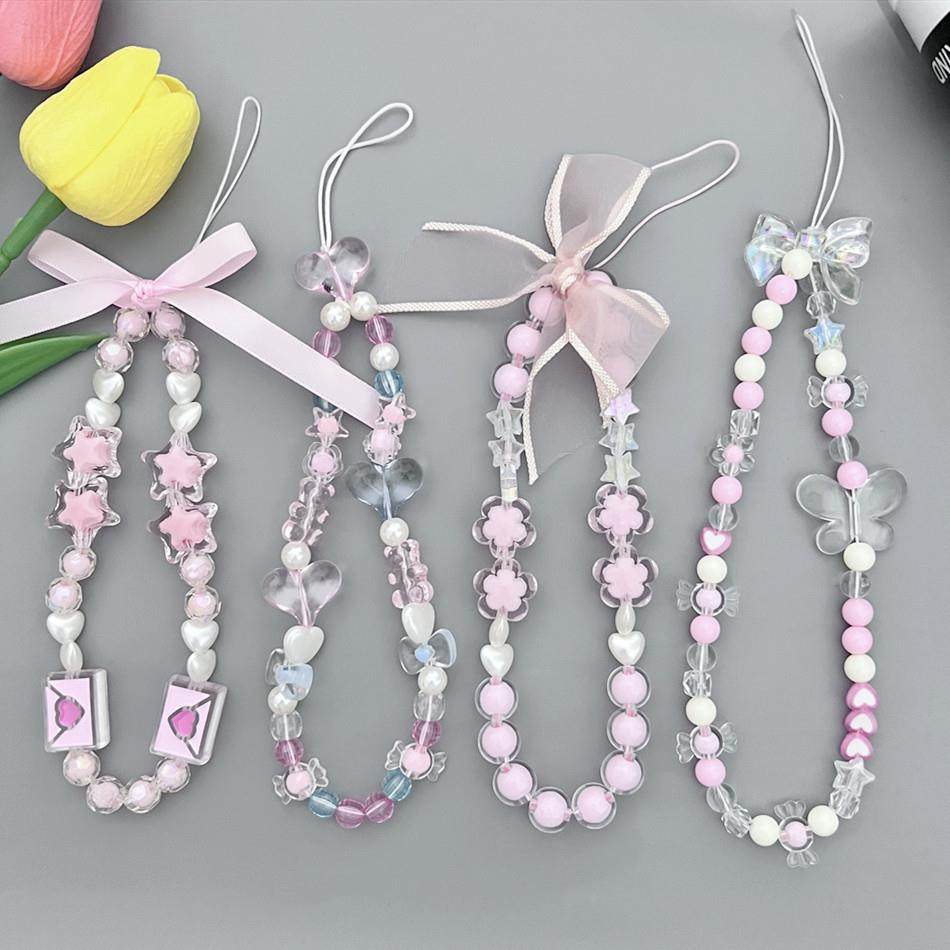 甜美网纱蝴蝶结云珠链短款手机挂绳创意树脂花珠链手机壳包包配件