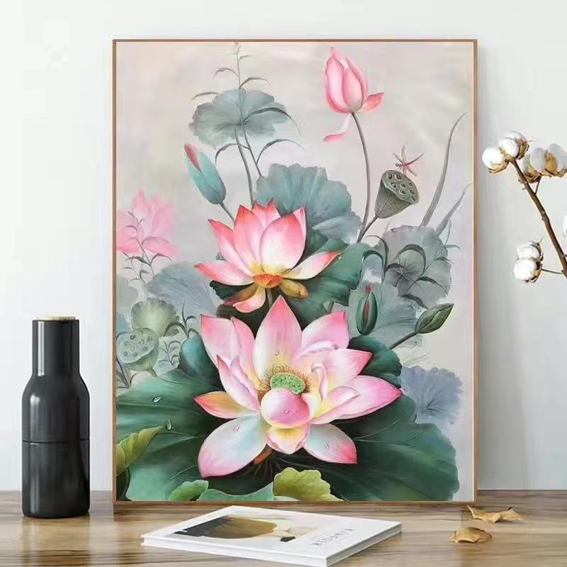 数字油画diy手绘填色油彩画风景植物中国风客厅卧室装饰画荷花定图片