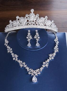 新娘头饰皇冠三件套 新娘锆石套装 欧美结婚项链耳环婚礼配饰定制