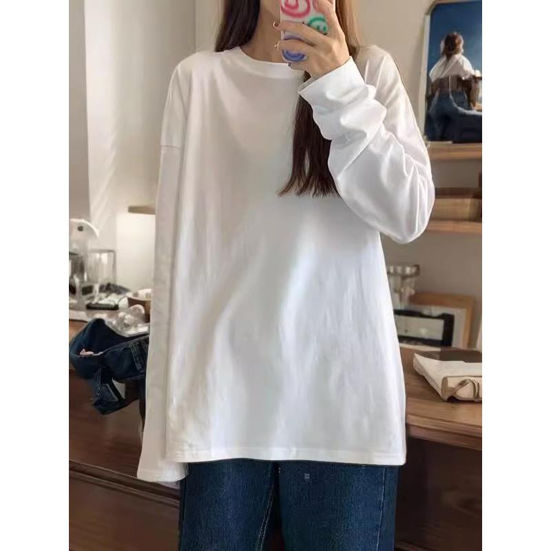 白色长袖T恤女2025新款外穿宽松棉春秋叠穿内搭打底衫正肩上衣定