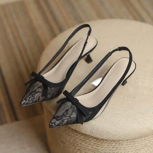 包头蝴蝶结后绊带中跟网红女凉鞋 新款 2027春季 性感蕾丝小跟鞋