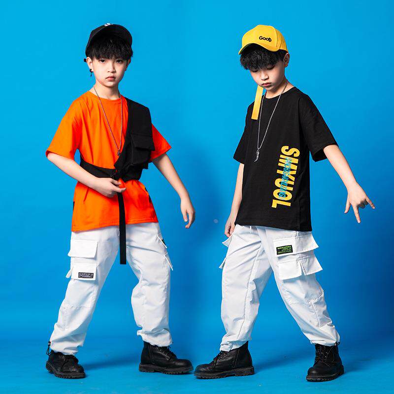 儿童街舞潮服男童演出童装短袖嘻哈马甲套装女童爵士舞服装hiphop