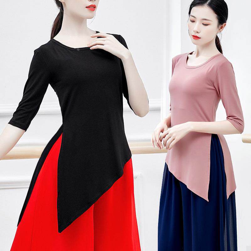 舞蹈练功服女旗袍古典现代广场瑜伽形体上衣修身中袖莫代尔成人定