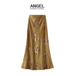 惊艳优雅时髦烫花褶皱高腰半裙女长款 5定制 鱼尾裙子9902