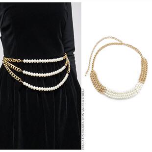 三层珍珠拼接金属腰链女士百搭配连衣裙气质显瘦腰饰时尚多层链条