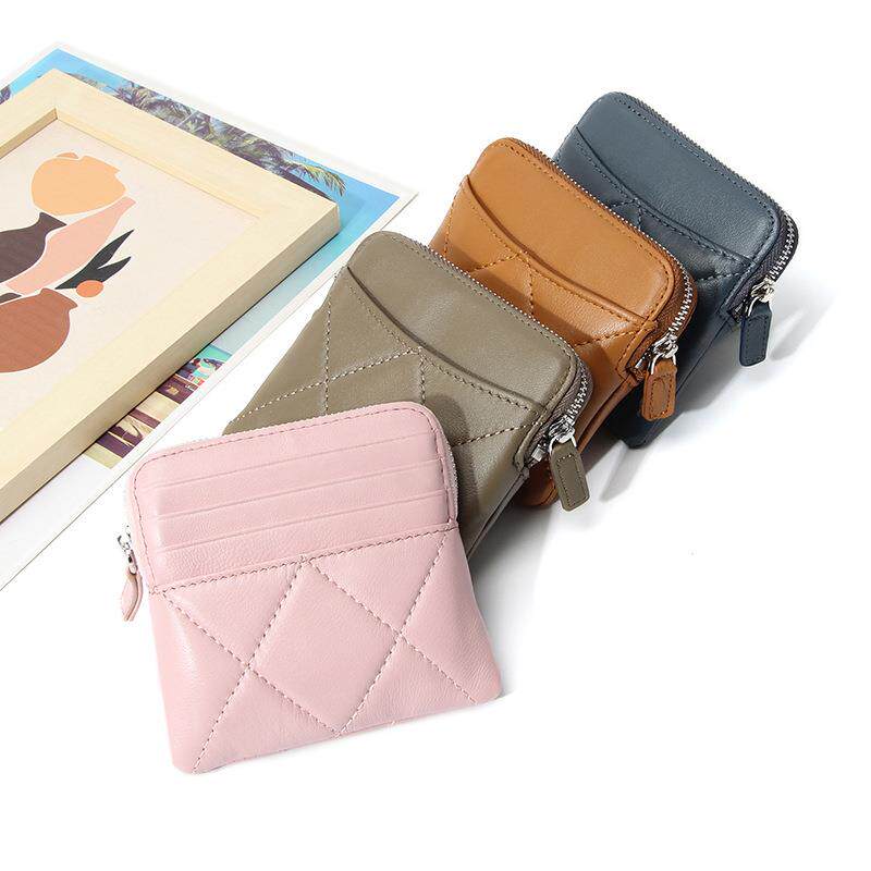 羊皮卡包女式时尚菱格小巧迷你色硬币包耳机收纳拉链零钱包薄款定