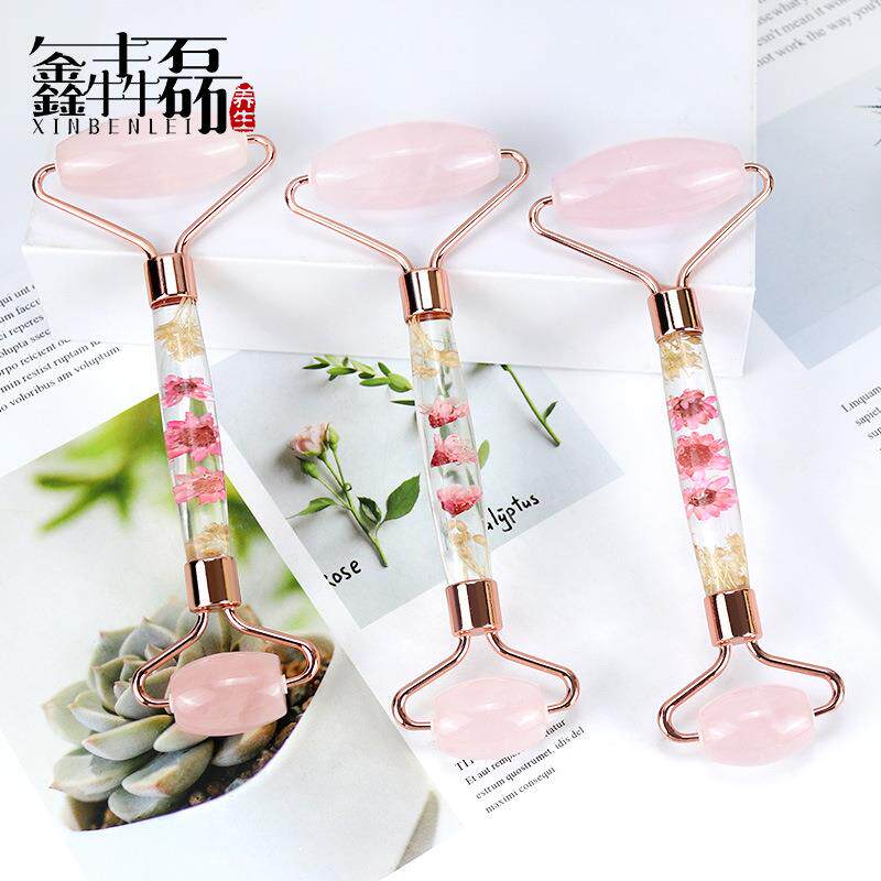 粉晶滚轮脸面部按摩棒玉石树脂花杆粉双头滚轮按摩器制定