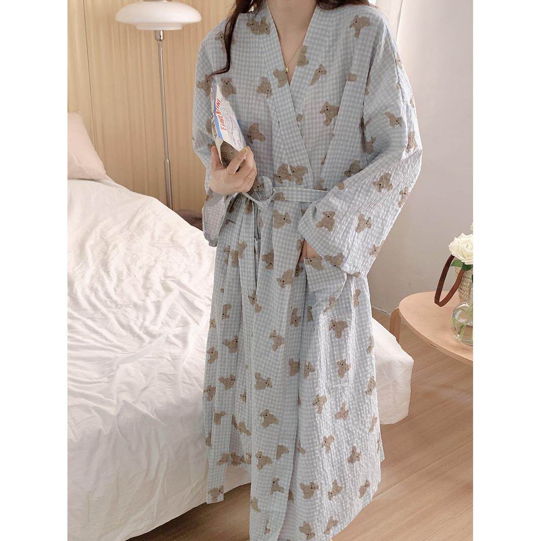 韩版卡通小熊格子睡袍女春夏宽松可爱浴袍长款和服ins睡衣家居服