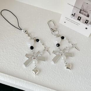 原创ins风手机链银色蝴蝶结百搭挂件拍立得咕卡挂饰爱心包挂定制