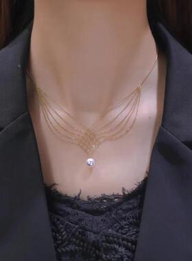 轻奢气质时尚锁骨链吊坠鱼尾蕾丝项链小众高级感网格设计颈链定制