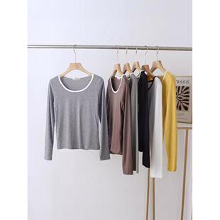 圆领长袖t恤女春季新款宽松显正肩大领口楼锁骨外穿上衣定制