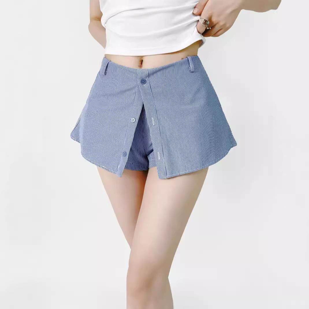 学院风下摆防走光衬衫半身裙裤女夏季美式复古百搭条纹a字短定制