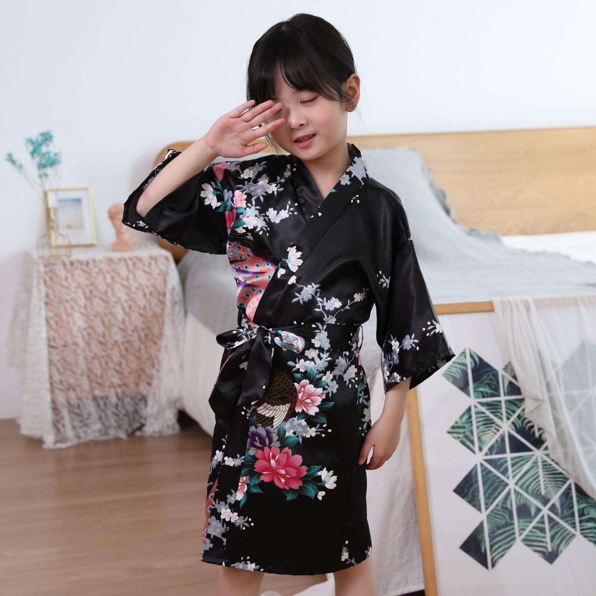 时尚儿童孔雀晨袍仿真丝绸睡衣女外贸色丁浴袍开衫和服睡裙定制