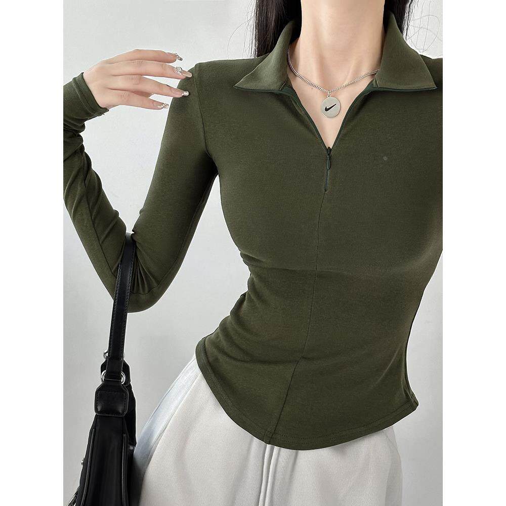 v领长袖t恤女春秋季2025新款修身显打底衫polo领早秋辣妹小上衣定