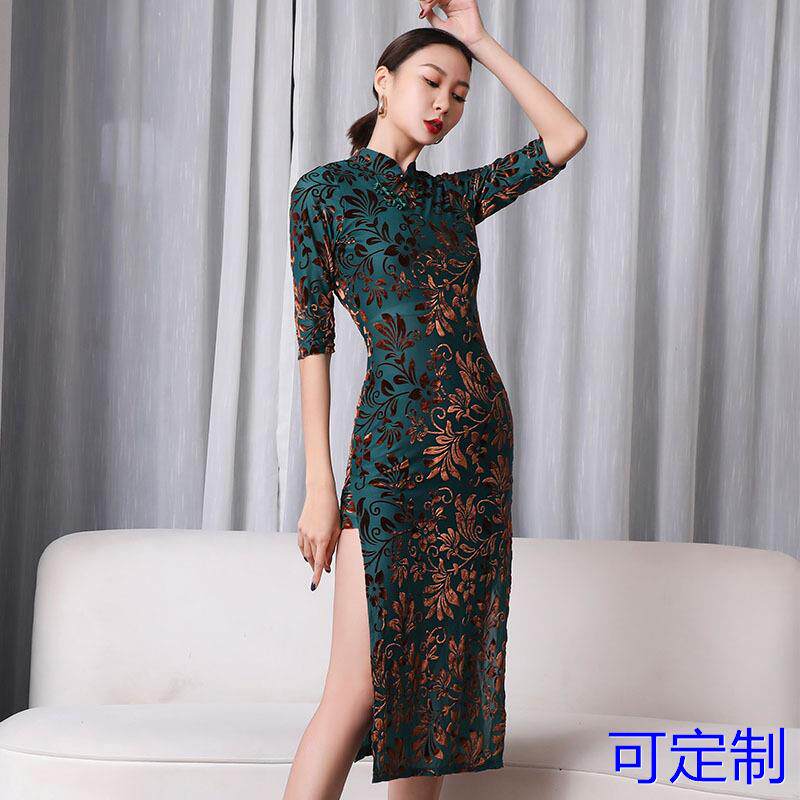 现代舞古典舞表演练功服旗袍式中立领五分袖高开叉舞蹈服现货定制