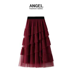 多层次蛋糕裙女2027春秋高腰显ins超火网纱裙中长款 半身裙定