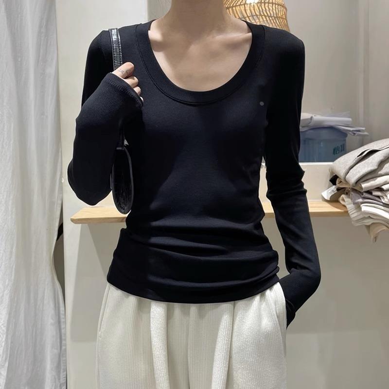 黑色打底衫女长袖2025早秋新款大圆领休闲t恤高级感螺纹上衣内搭