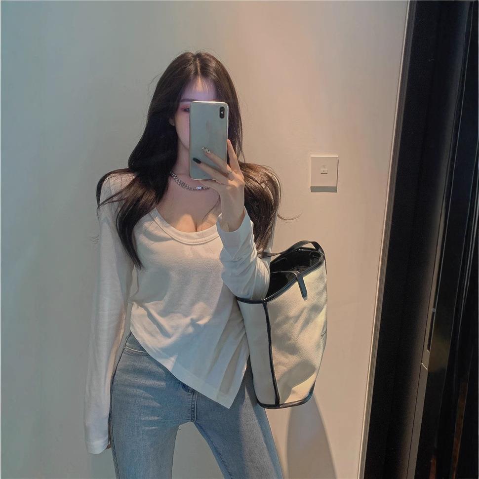 T恤女修身低领白色洋气长袖内搭打底衫2025秋季新款修身上衣定制