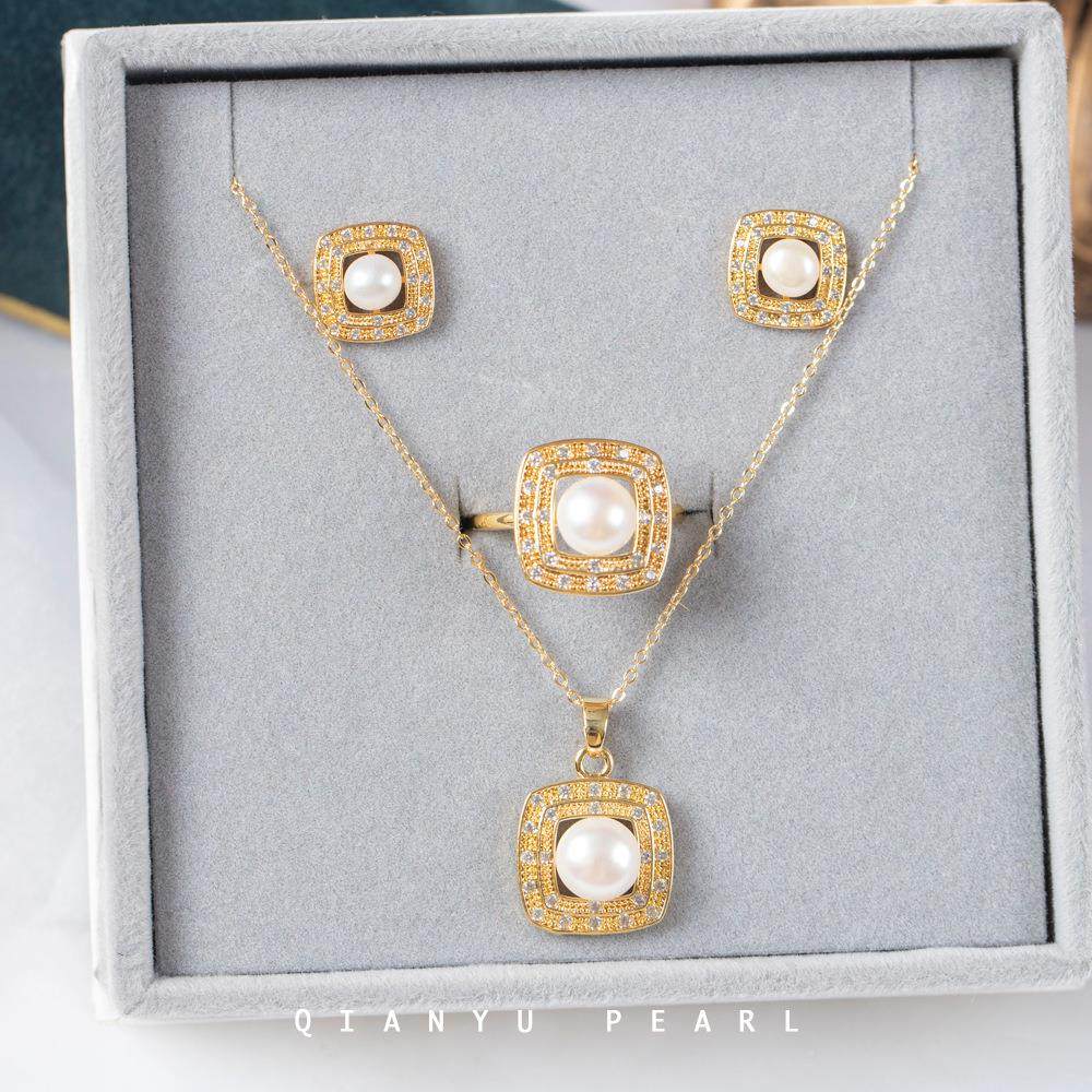 4件套】耳环戒指项链套装天然珍珠欧美首饰轻奢微镶镀18k金女式