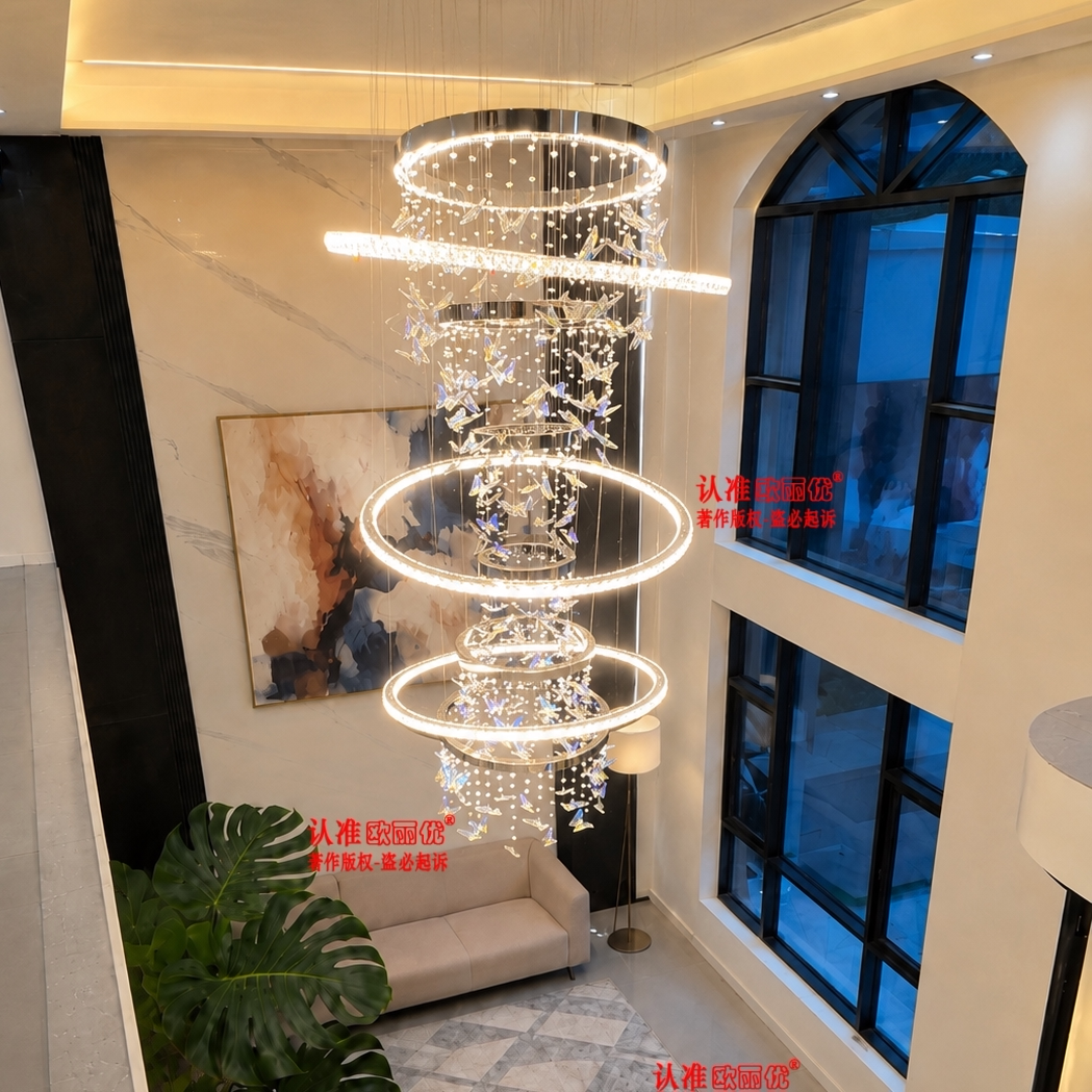 现代简约别墅挑空客厅吊灯2026新款水晶蝴蝶复式楼中楼中空大吊灯