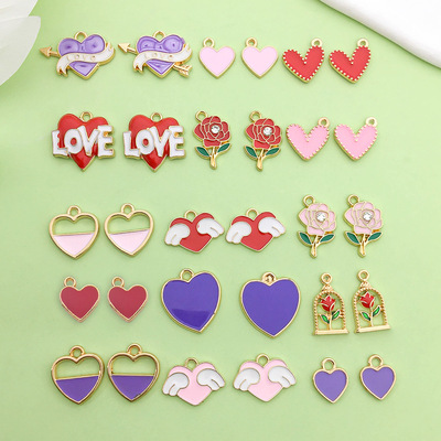 1个新款多色仿真爱心玫瑰翅膀滴油合金吊坠挂件diy饰品配件